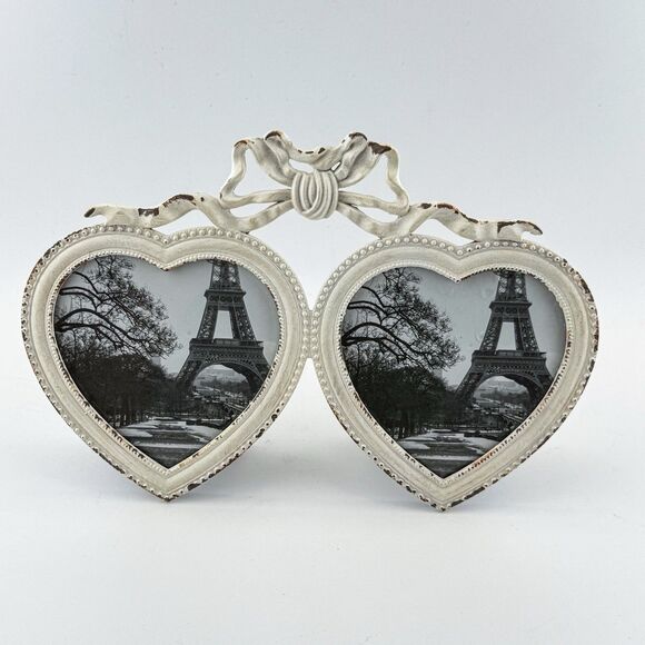 Vintage Double Heart Picture Frame – White Distressed Bow Accent Shabby Chic 4x4 - Picture 1 of 7